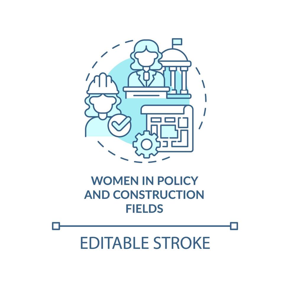 Women in policy and construction fields turquoise concept icon. Comfortable city abstract idea thin line illustration. Isolated outline drawing. Editable stroke vector