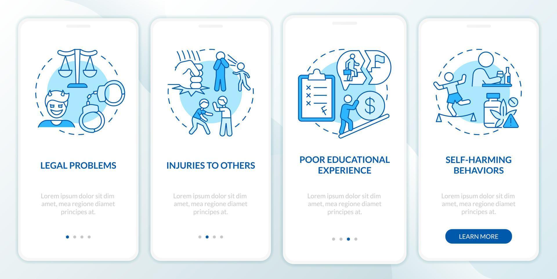 Effects of conduct disorder blue onboarding mobile app screen. Walkthrough 4 steps graphic instructions pages with linear concepts. UI, UX, GUI template vector