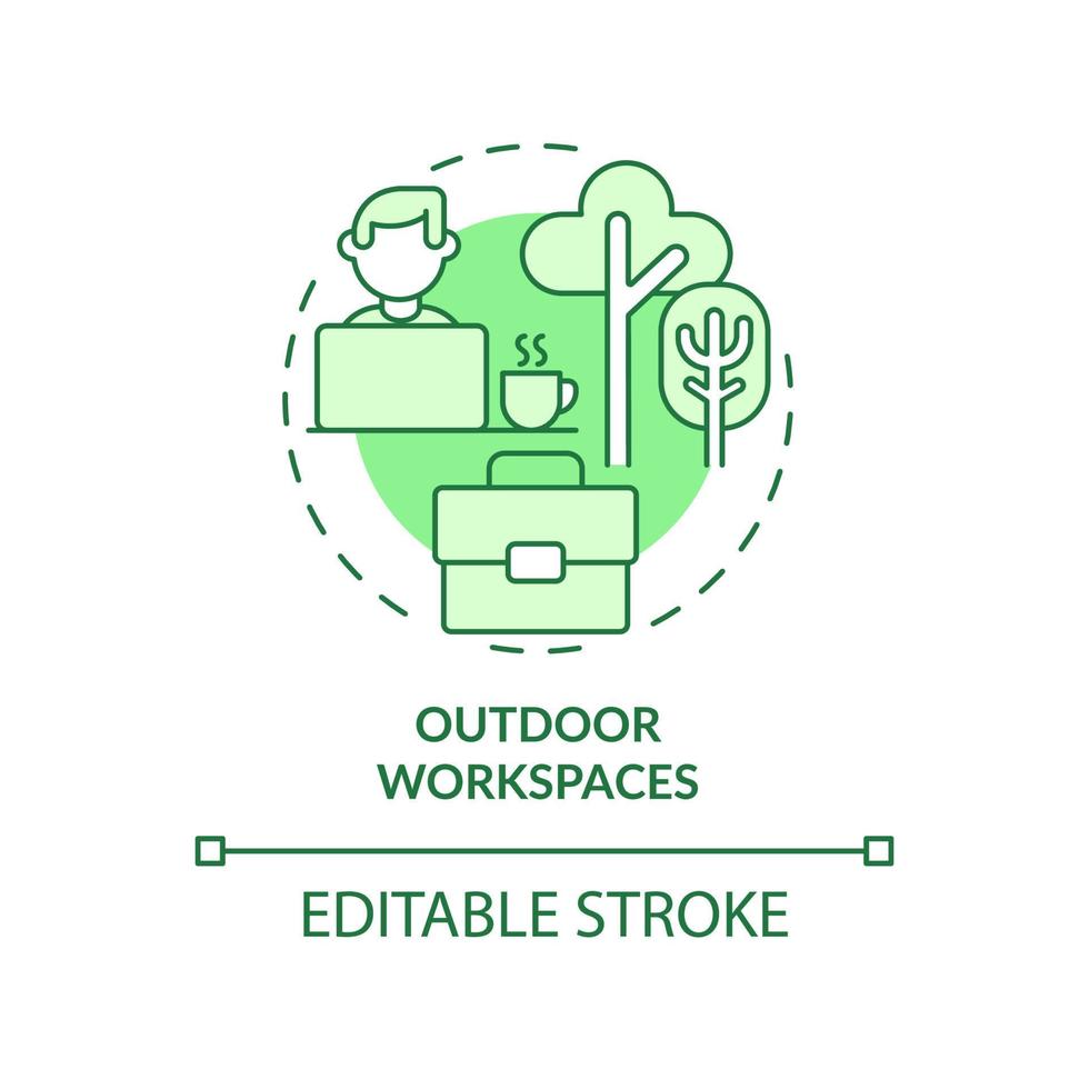 Outdoor workspaces green concept icon. Inspiring work environment abstract idea thin line illustration. Working outside. Isolated outline drawing. Editable stroke vector