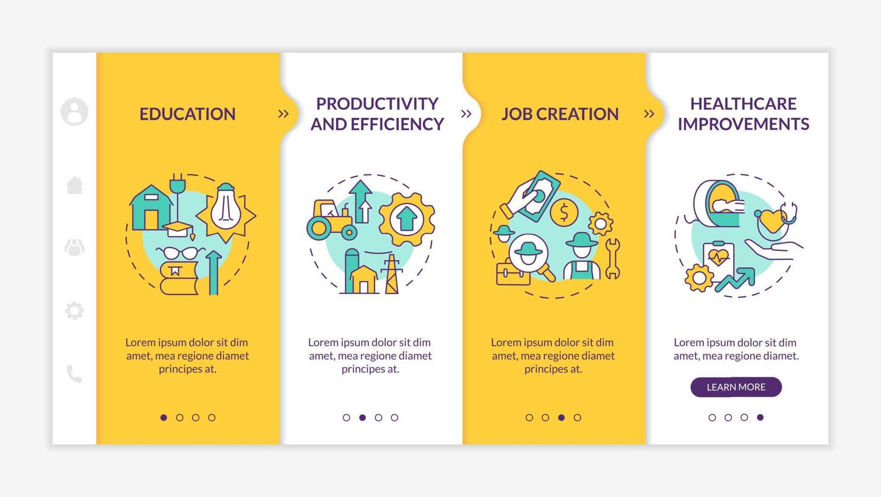 Rural electrification economic benefits yellow onboarding template. Responsive mobile website with linear concept icons. Web page walkthrough 4 step screens vector