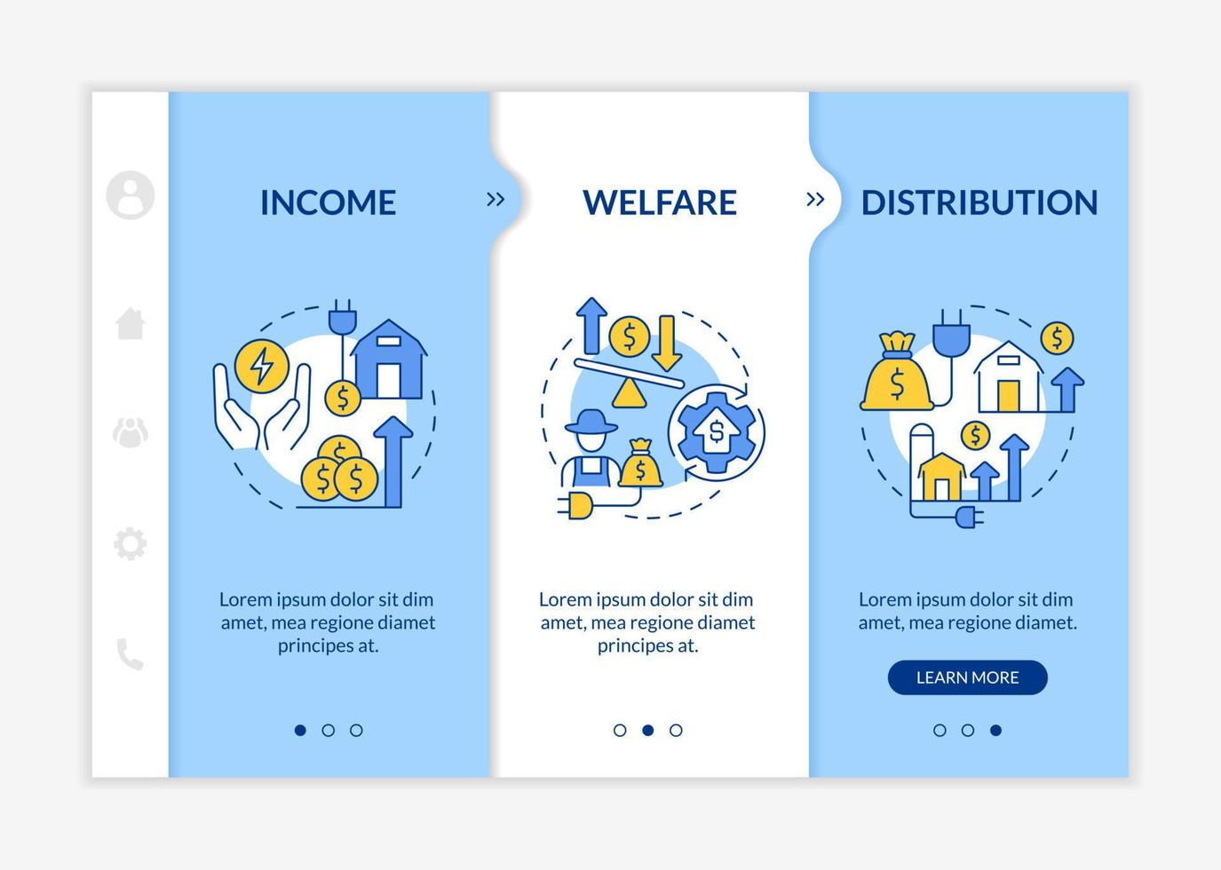 Impact of rural electrification blue and white onboarding template. Responsive mobile website with linear concept icons. Web page walkthrough 3 step screens vector