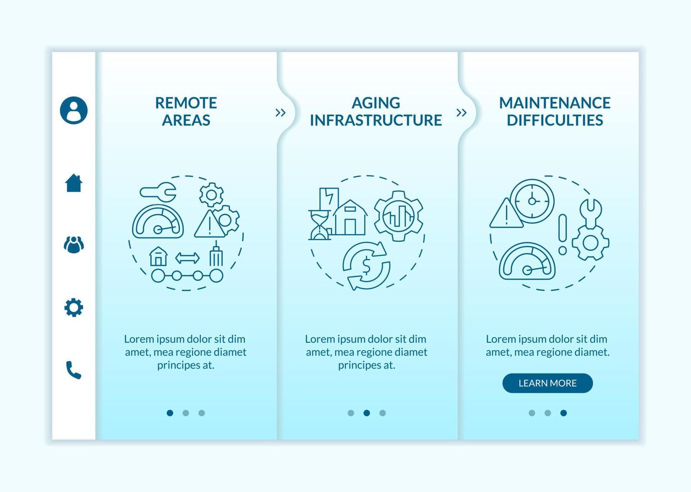 Rural electrification obstacles turquoise gradient onboarding template. Responsive mobile website with linear concept icons. Web page walkthrough 3 step screens vector