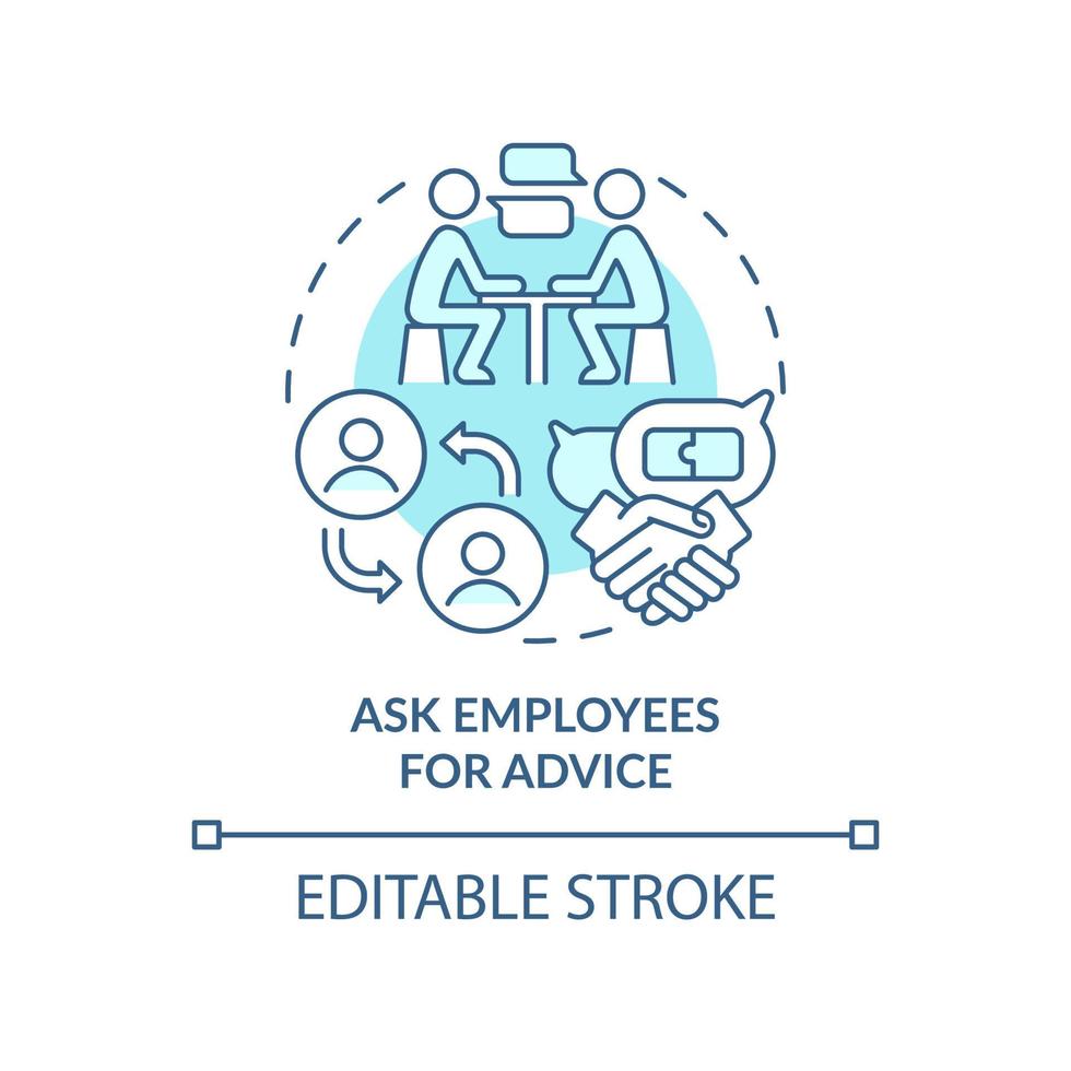 Ask employees for advice turquoise concept icon. Collaborative work environment abstract idea thin line illustration. Isolated outline drawing. Editable stroke vector