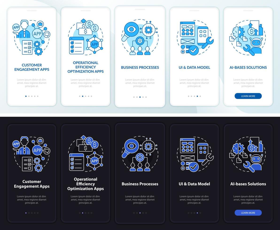 aplicaciones para el modo día y noche de negocios incorporando la pantalla de la aplicación móvil. Web tutorial 5 pasos páginas de instrucciones gráficas con conceptos lineales. interfaz de usuario, ux, plantilla de interfaz gráfica de usuario vector