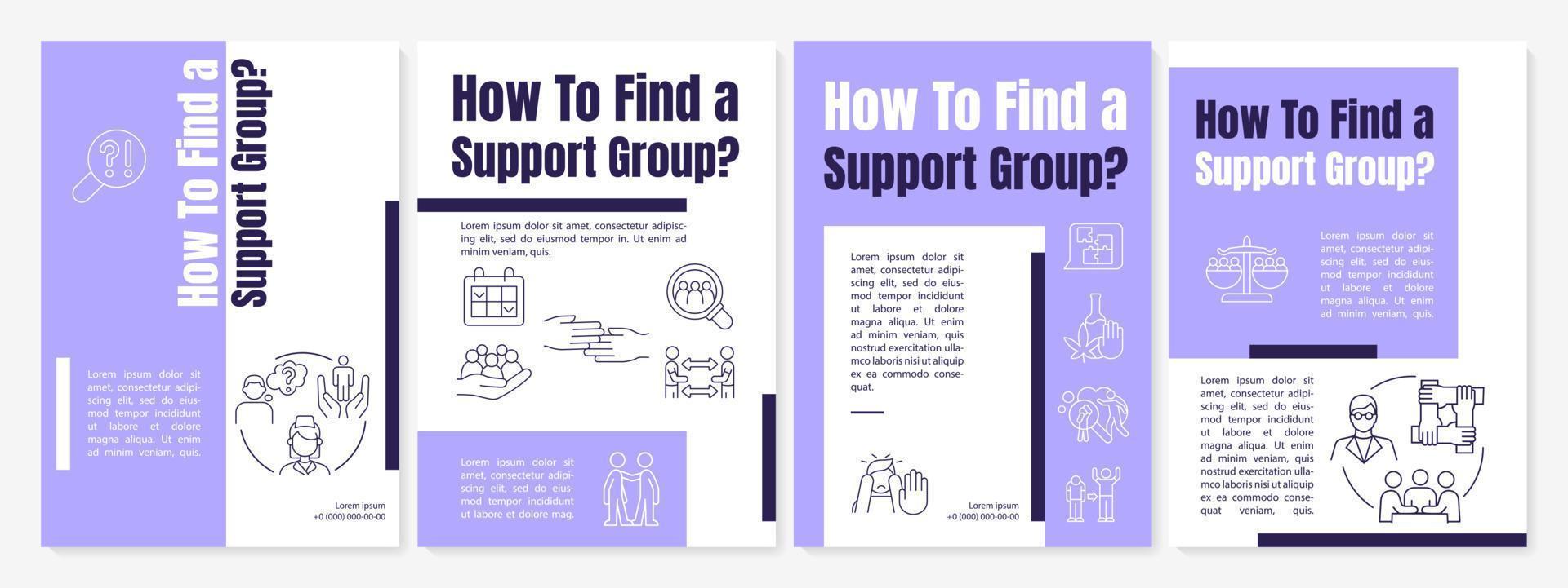 Finding support groups purple brochure template. Meeting. Booklet print design with linear icons. Vector layouts for presentation, annual reports, ads