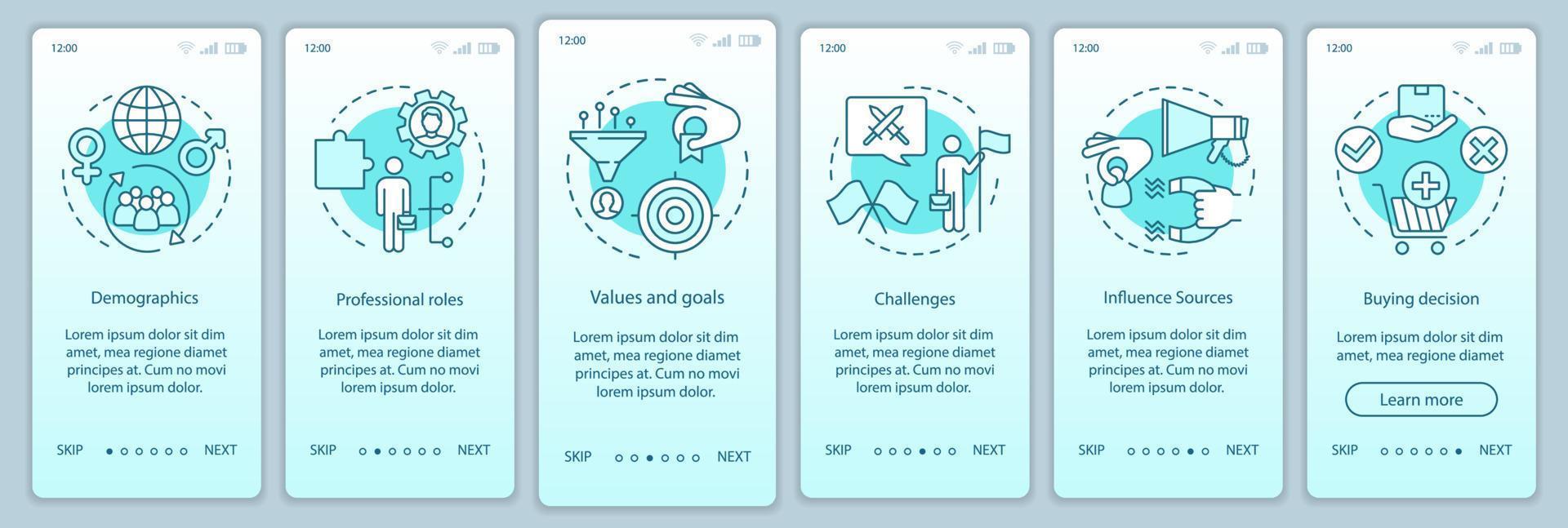 Buyer persona turquoise gradient onboarding mobile app page screen vector template. Human activity walkthrough website steps with linear illustrations. UX, UI, GUI smartphone interface concept