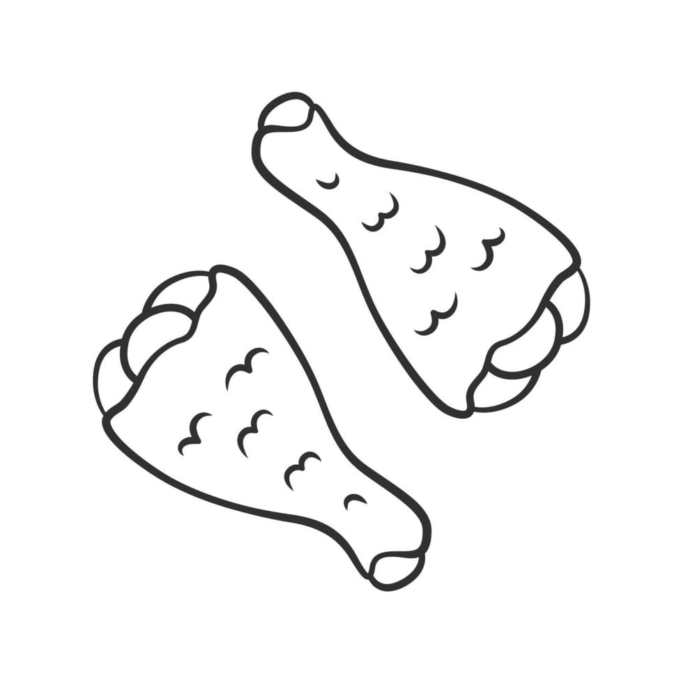 Chicken drumsticks linear icon. Butchers meat. Meat production and sale. Protein source. Chicken legs. Thin line illustration. Contour symbol. Vector isolated outline drawing. Editable stroke