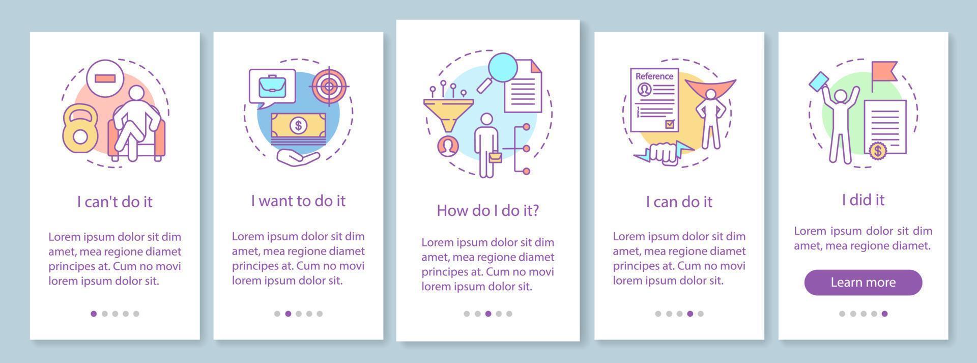 plantilla de vector de pantalla de página de aplicación móvil de incorporación de motivación. consecución de objetivos, resolución de problemas. conseguir trabajo, mejora de habilidades. paso del sitio web. ux, ui, concepto de interfaz de teléfono inteligente gui