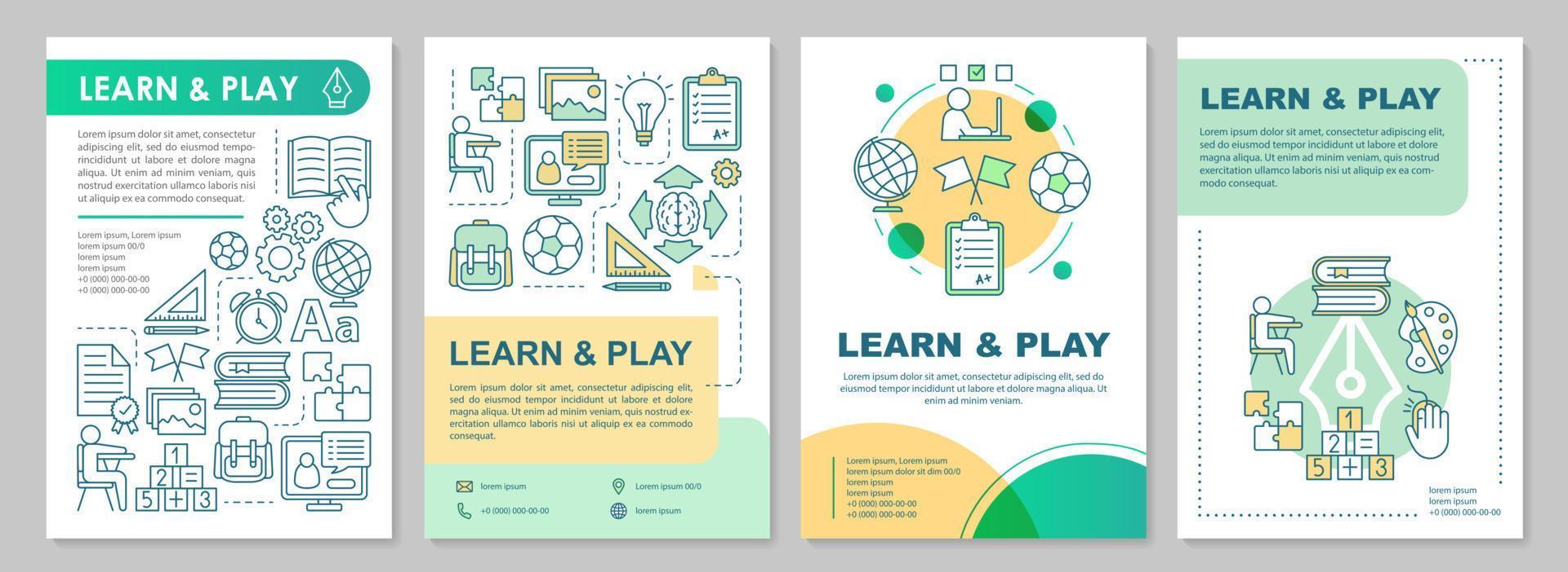 Learn and play design brochure layout. Children entertainment and education. Flyer, booklet, leaflet print design with linear illustrations. Vector page layouts for annual reports, advertising posters