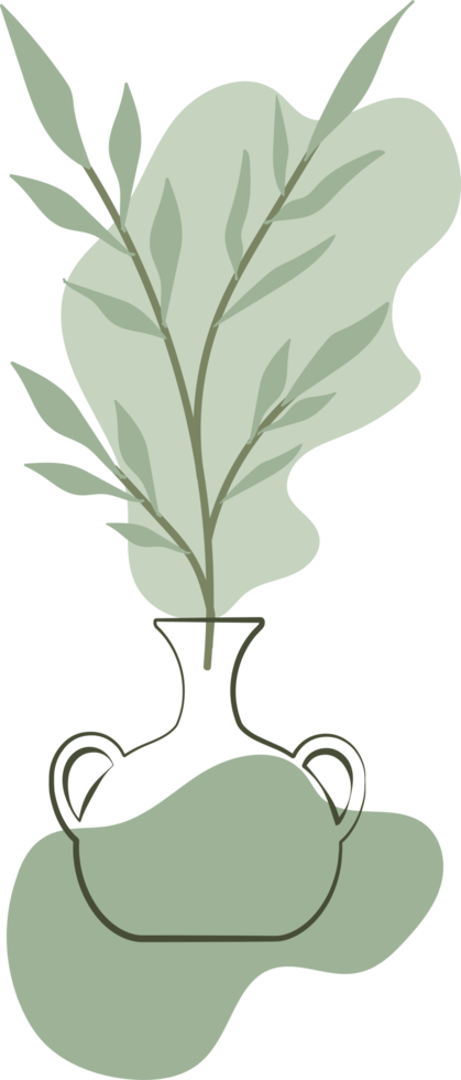 Vase outline with floral leaves and abstract organic shape, minimal style illustration png