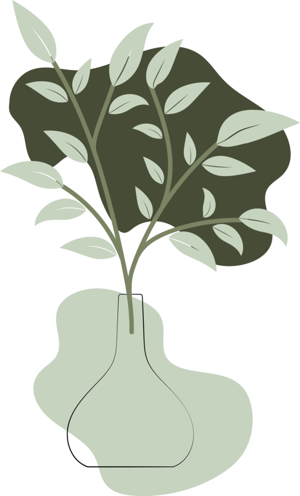 Vase outline with floral leaves and abstract organic shape, minimal style illustration png