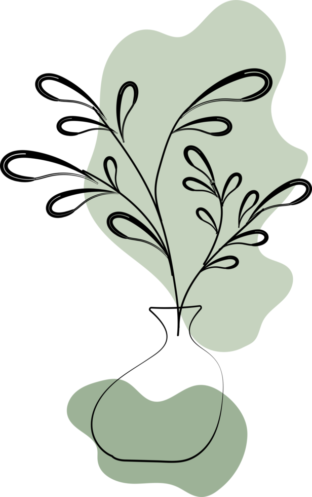 Vase outline with floral leaves and abstract organic shape, minimal style illustration png