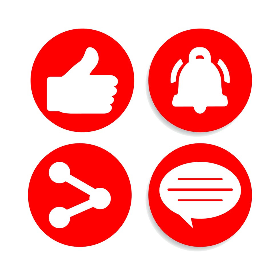 Subscribe button collection with multiple shape. Red color button collection with like, comment and share icon. Metallic red color social media button collection. png