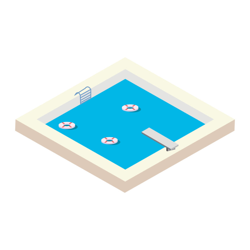 Diseño vectorial de piscina 2.5d con el concepto de aro salvavidas, vector de piscina con forma 2.5d, piscina cuadrada con aro salvavidas en verano. png