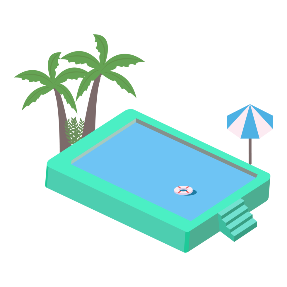 2.5D swimming pool landscape vector collection. Swimming pool collection vector with lifebuoy and coconut tree. Pool 3D art with a lifebuoy and sunbathe. png