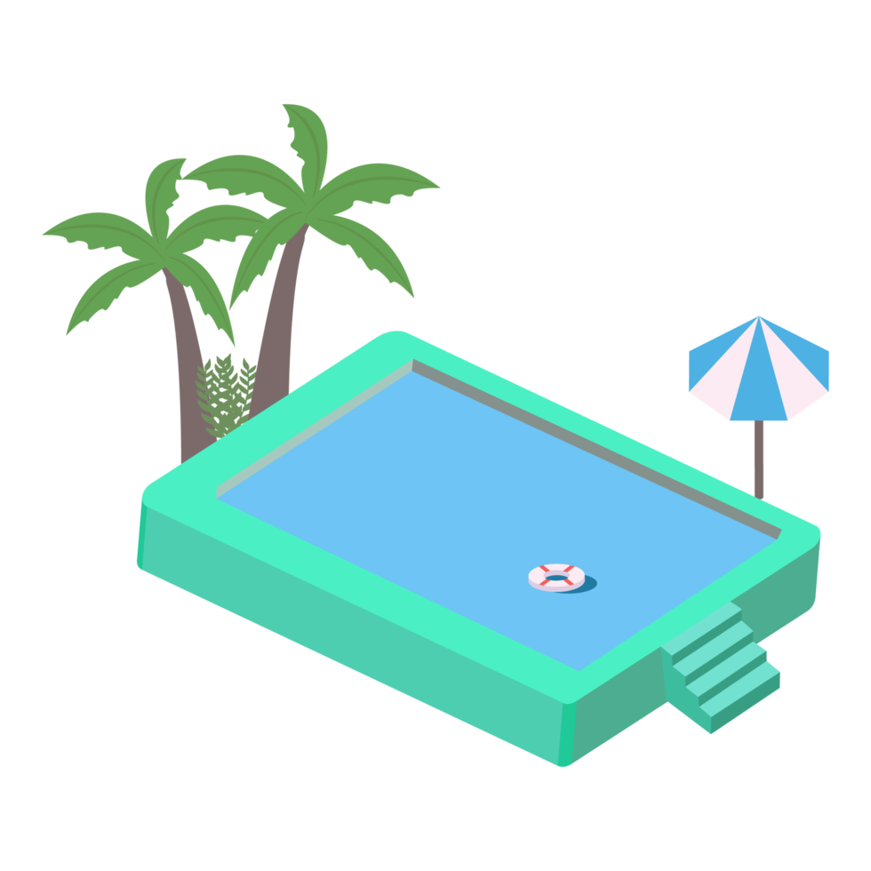 2.5D swimming pool landscape vector collection. Swimming pool collection vector with lifebuoy and coconut tree. Pool 3D art with a lifebuoy and sunbathe. png