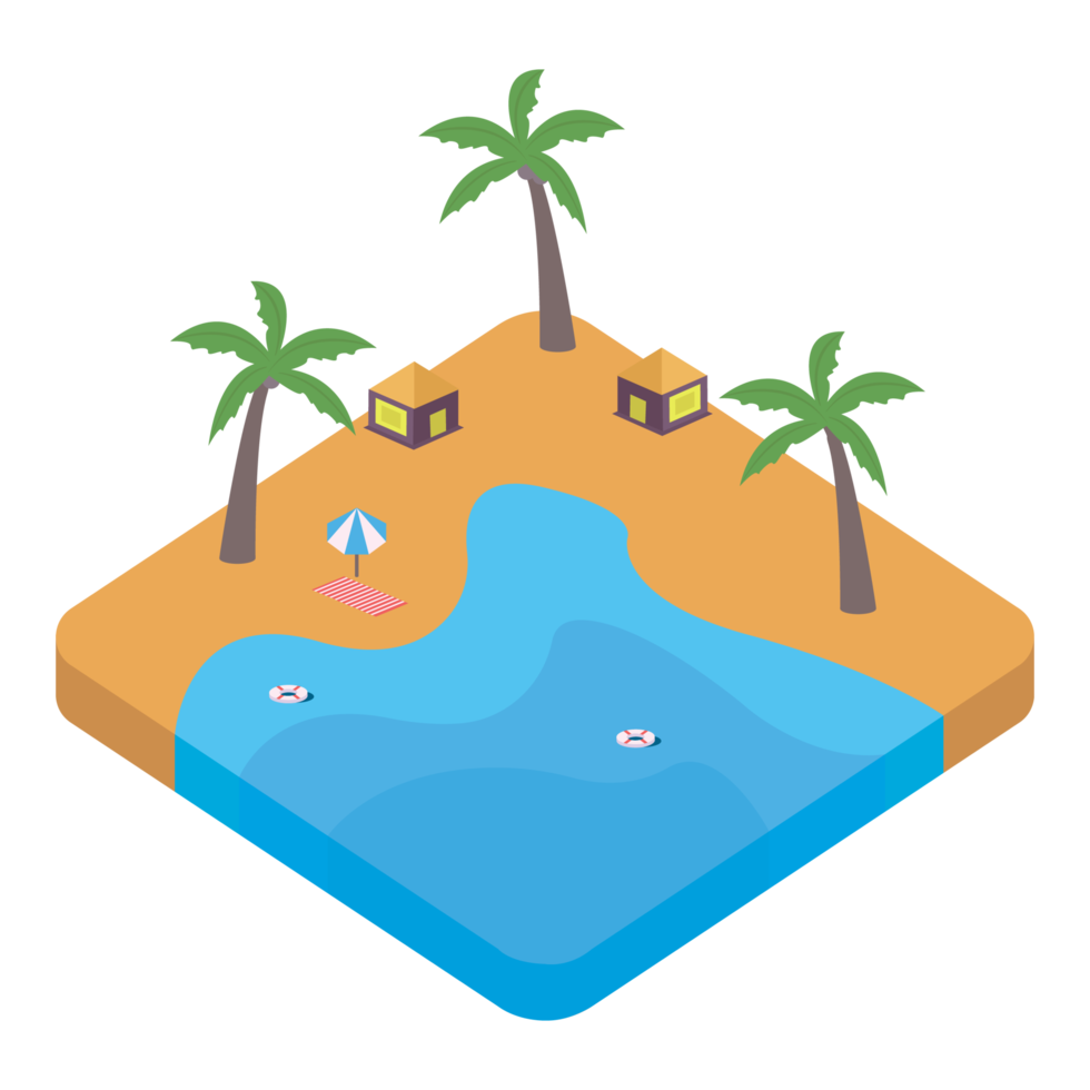 2.5D sandy beach vector design with lifebuoy and resort concept, Sandy beach vector with 2.5D shaped landscape, Beach with a lifebuoy in the summertime. png