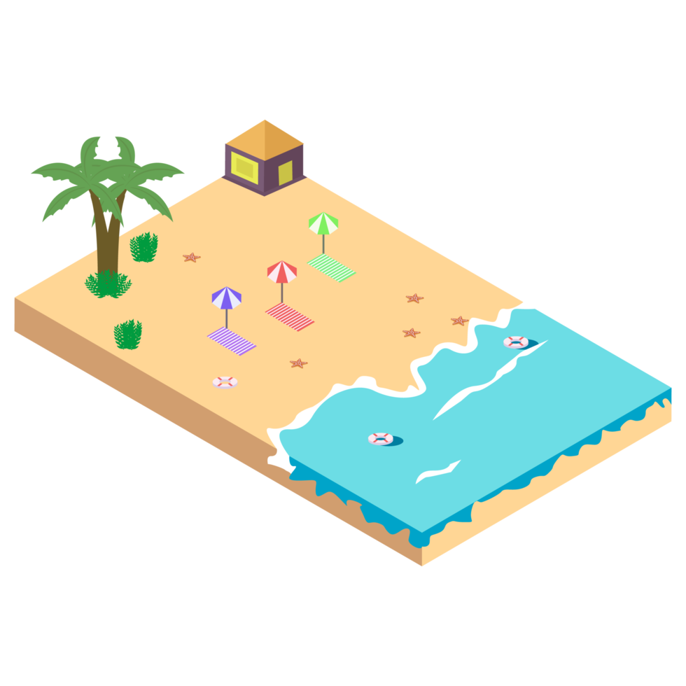 Ilustración de vector de concepto de playa de arena. vector de playa de arena con concepto de resort y cocotero. arte 3d de la orilla del mar con aro salvavidas. png