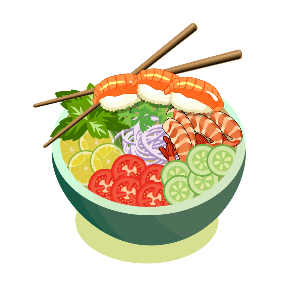 roerbak salade met sushi en garnalen in een kom met een leisteen achtergrond. bovenaanzicht kopie ruimte. garnalen en groenten geserveerd met salade. eetstokjes met Aziatische voedselvector. png