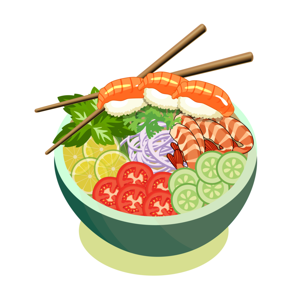 Salade sautée aux sushis et crevettes dans un bol avec un fond d'ardoise. espace de copie vue de dessus. crevettes et légumes servis avec salade. baguettes avec vecteur de cuisine asiatique. png