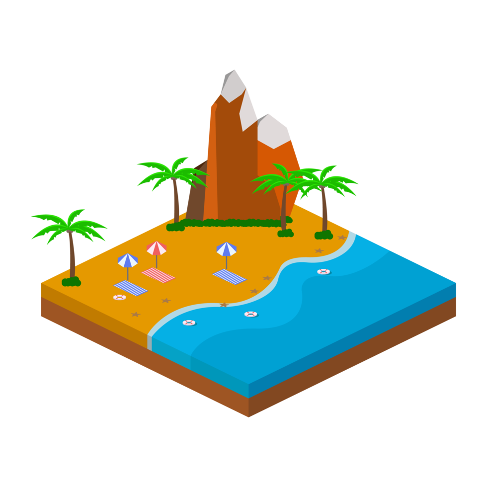 2.5D sandy beach vector design with Hill concept, Sandy beach vector with 2.5D shaped landscape, Beach with a tourist in the summertime. png