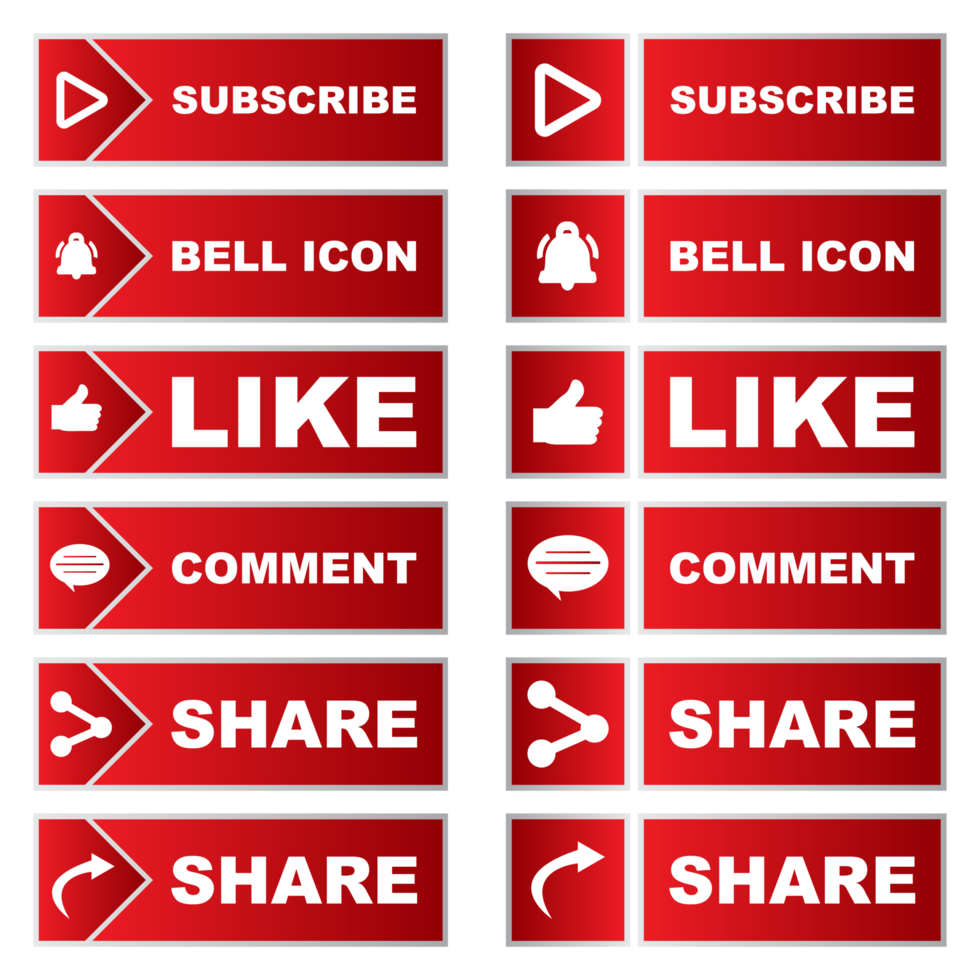 Subscribe button collection with multiple shape. Red color button collection with like, comment and share icon. Metallic red color social media button collection. png