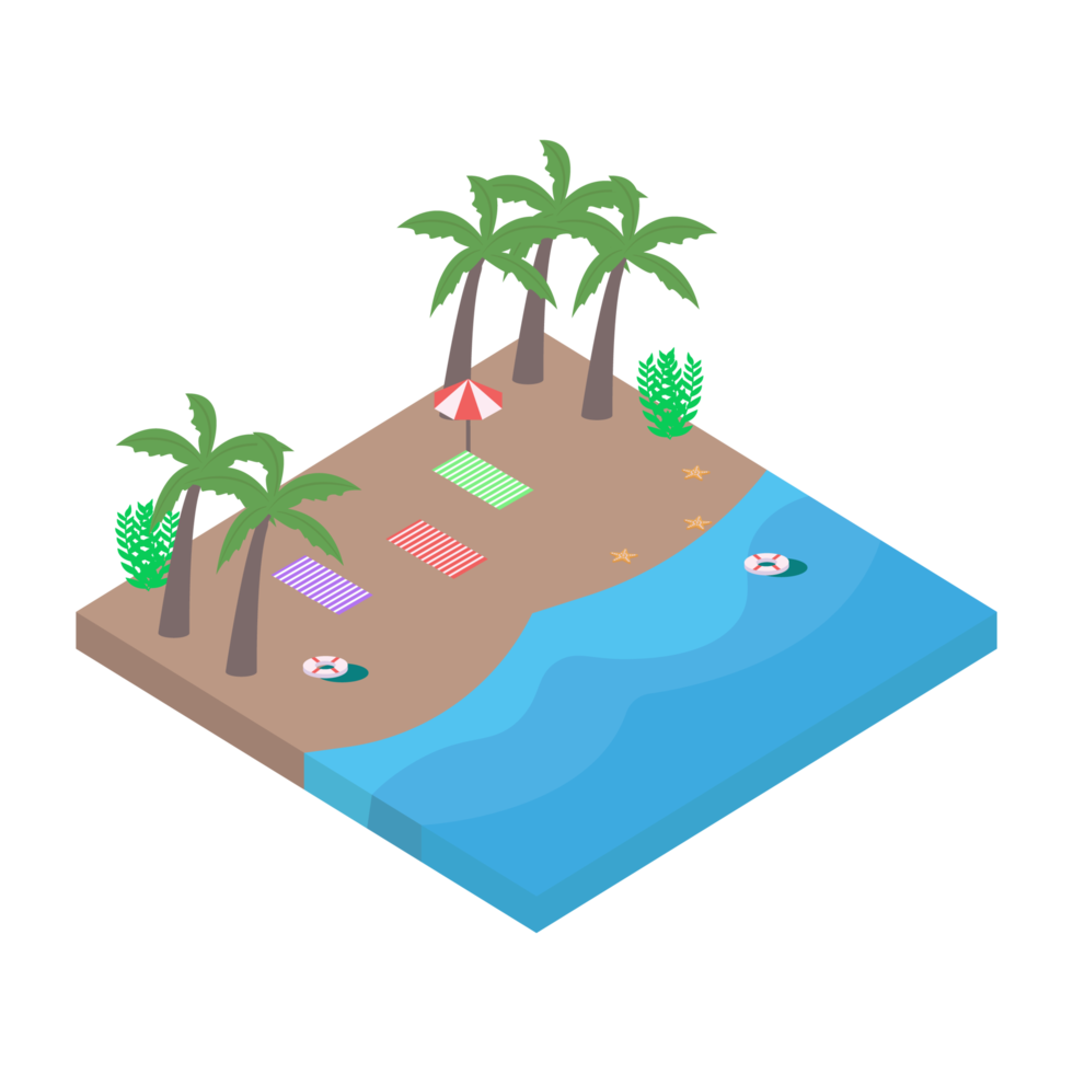 2.5D Sandy beach landscape vector illustration. Sandy beach collection vector with lifebuoy and coconut tree. Seashore 3D art with a lifebuoy and sunbathe. png