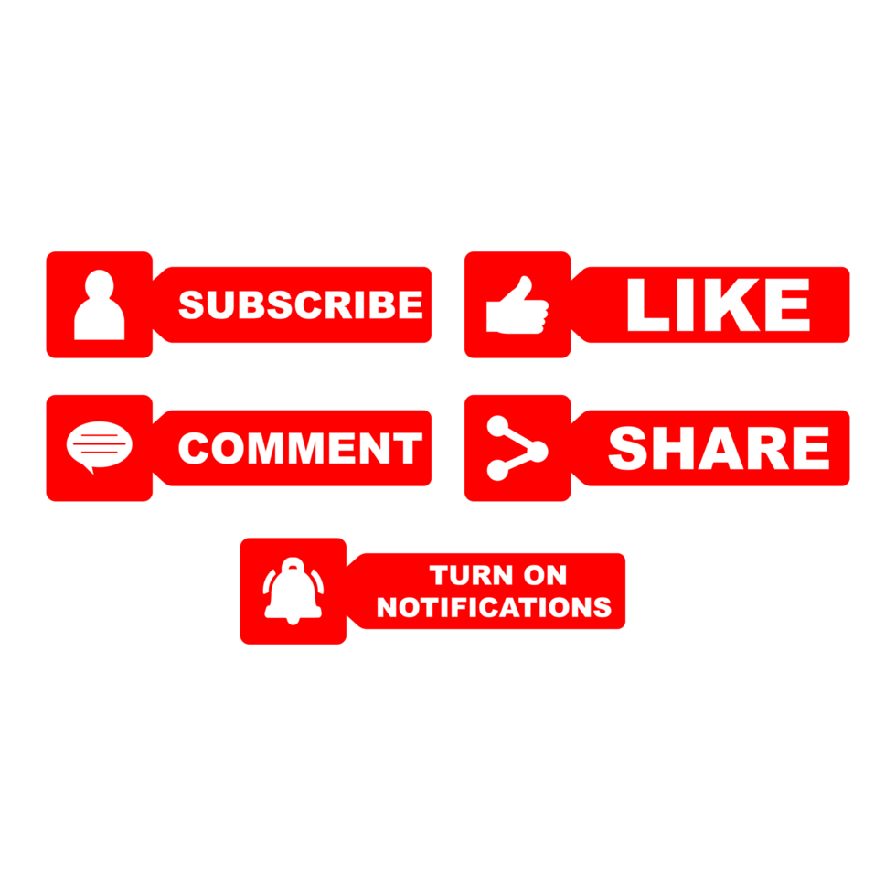 Subscribe button stylish collection with multiple shapes. Red color button collection with like, comment, and share icon. Metallic red color social media button collection. png