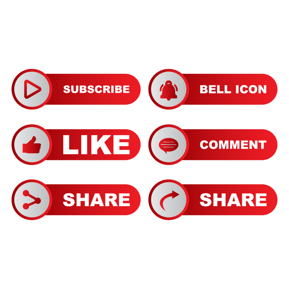 Subscribe button collection with the like, share, and comment section. Stylish metallic color button collection for social media posts. Metallic red color design for social media. png