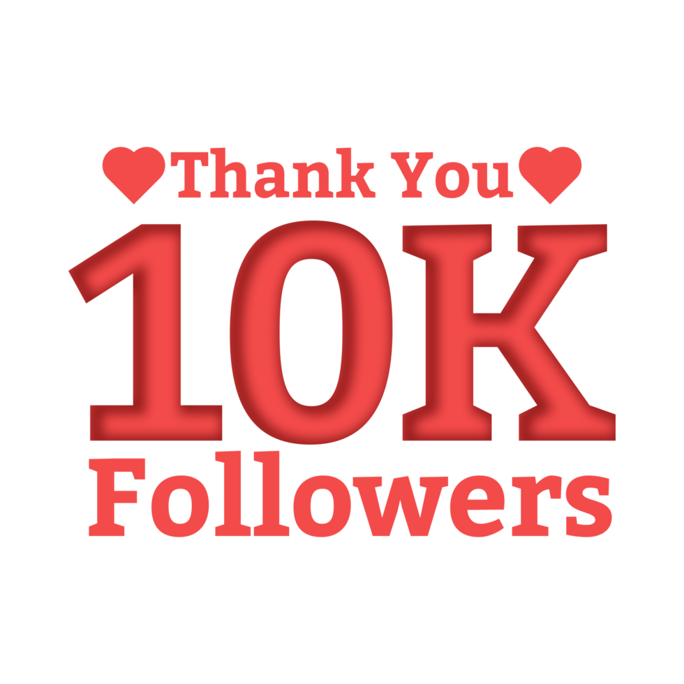 10K follower celebration badge text design. Thanksgiving for 10K followers vector illustration. Red color 10K follower text effect celebration with love shape. png