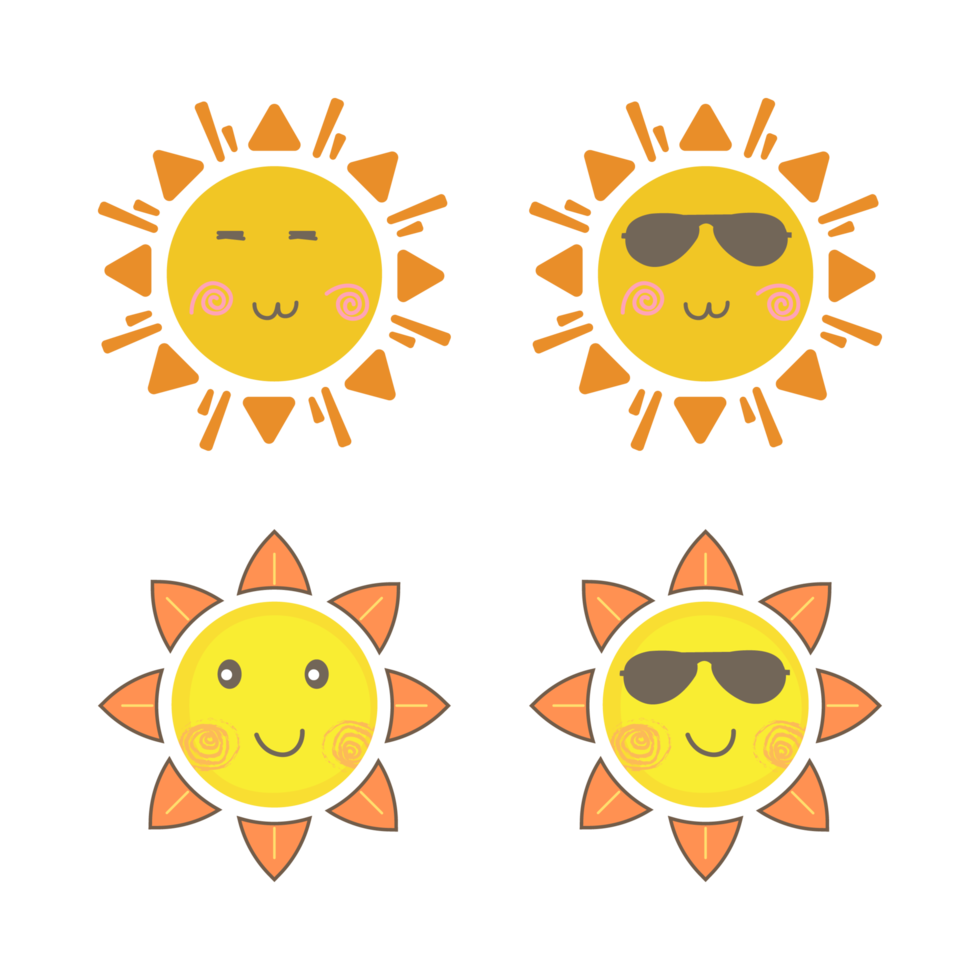 Sun sticker with a round shape and yellow, orange color. Cute sun with smiling face and cool sunglasses. Red sunray coming out from sun vector design. Sun vector social media sticker collection. png