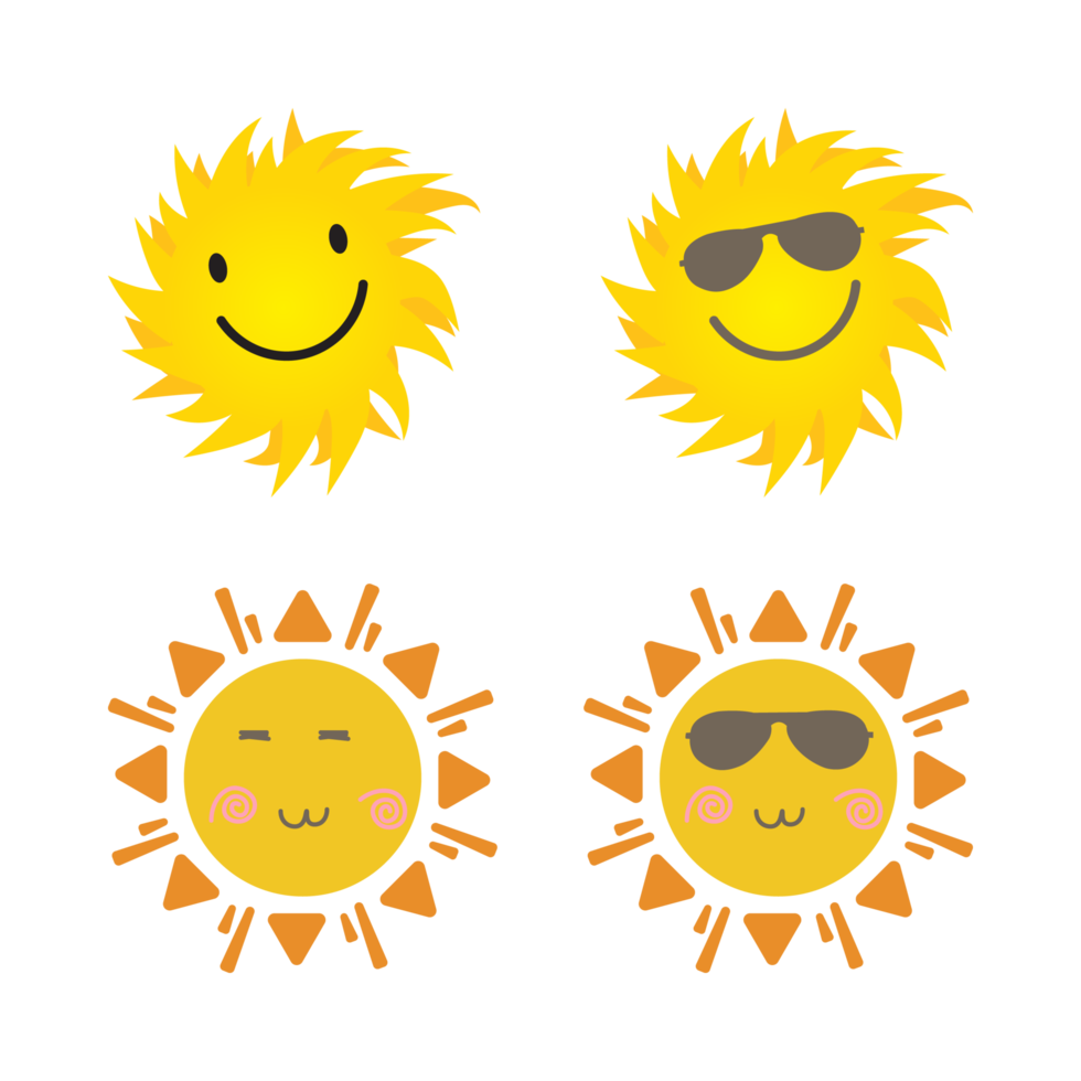 Sun sticker with a round shape and yellow color. Cute-faced sun with smiling face and cool sunglasses. Sunray coming out from sun vector design. Sun vector social media sticker collection. png