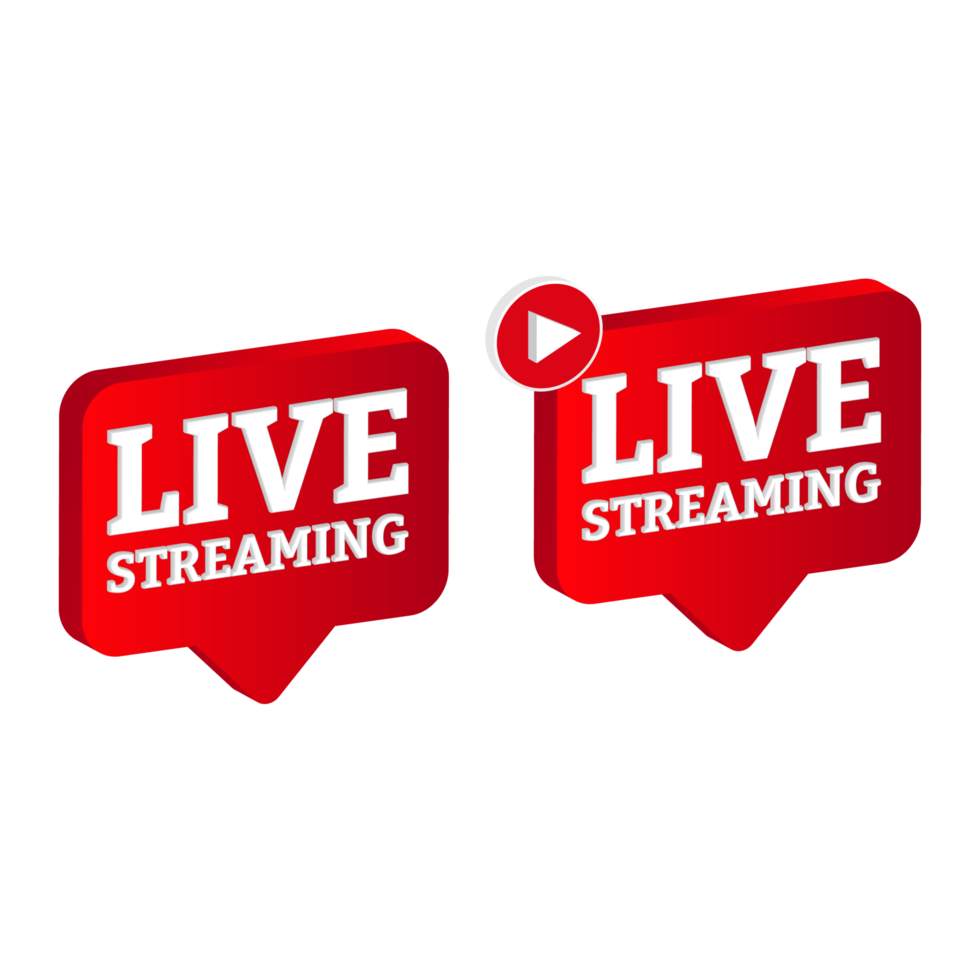 Live streaming 3D icon design for the broadcast system. Stylish live streaming icon with red color shade. Red television lower third button design collection. png