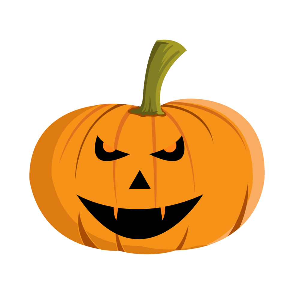 Pumpkin design with scary devil eyes and sharp teeth for Halloween event with orange and green color. Round pumpkin lantern design with smiling face on a white background for Halloween. png