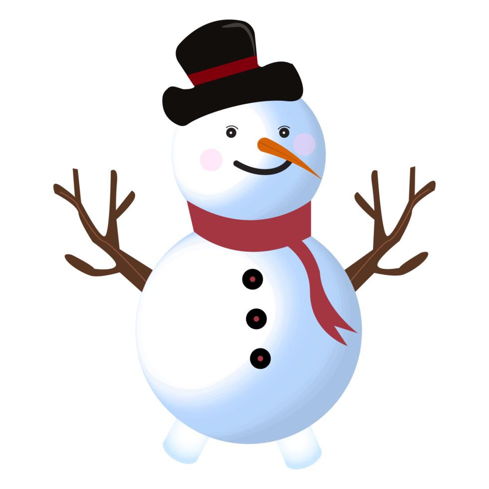 desenho de vetor de boneco de neve bonito em um fundo azul. design de natal com um boneco de neve feliz. um boneco de neve de inverno com silenciador de pescoço, luvas, galho de árvore, nariz de cenoura, chapéu e botões. png