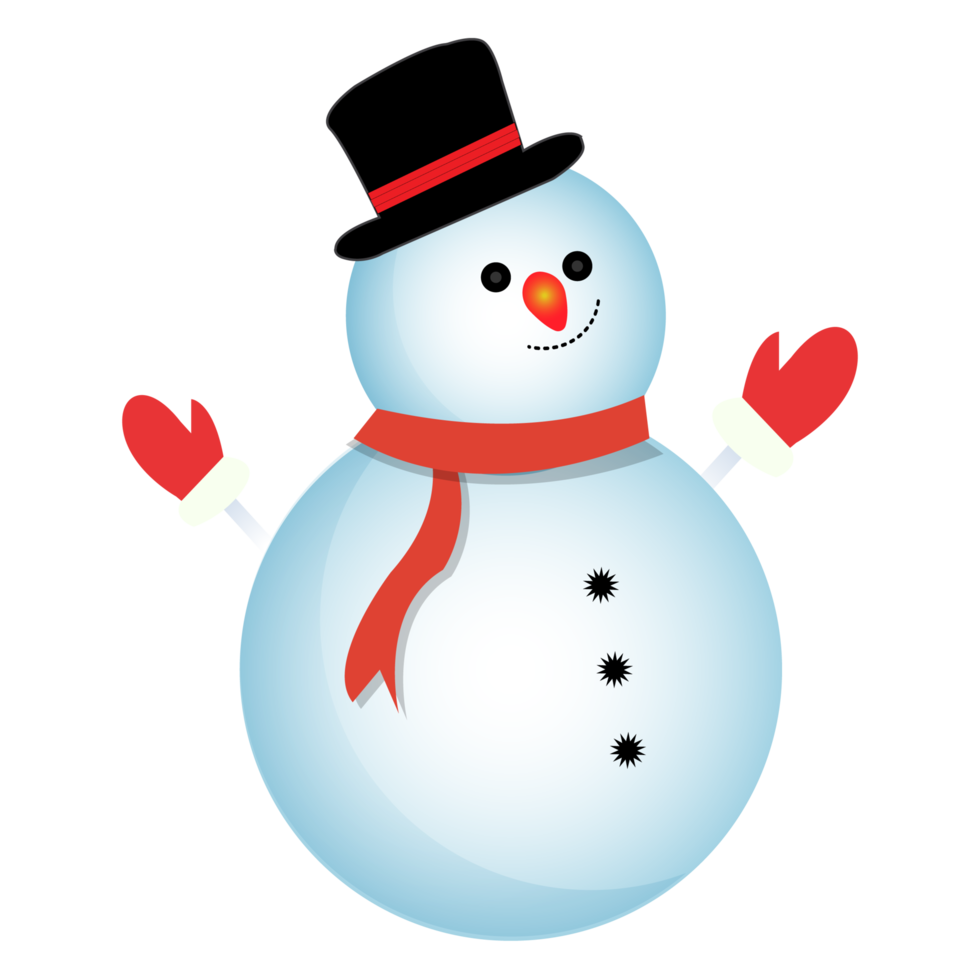 Christmas element design with happy snowmen. Winter snowmen design with smiling face, legs, neck muffler, tree branch, gloves, snow hat, and buttons. Cute snowman vector design on blue background. png