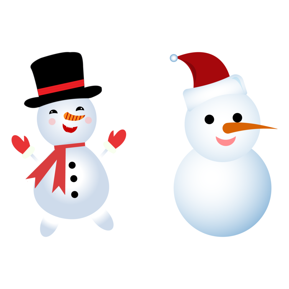 Christmas element design with two snowmen. Cute winter snowmen design with smiling face, carrot nose, neck muffler, gloves, snow hat, and buttons. Snowman vector design on a blue background. png