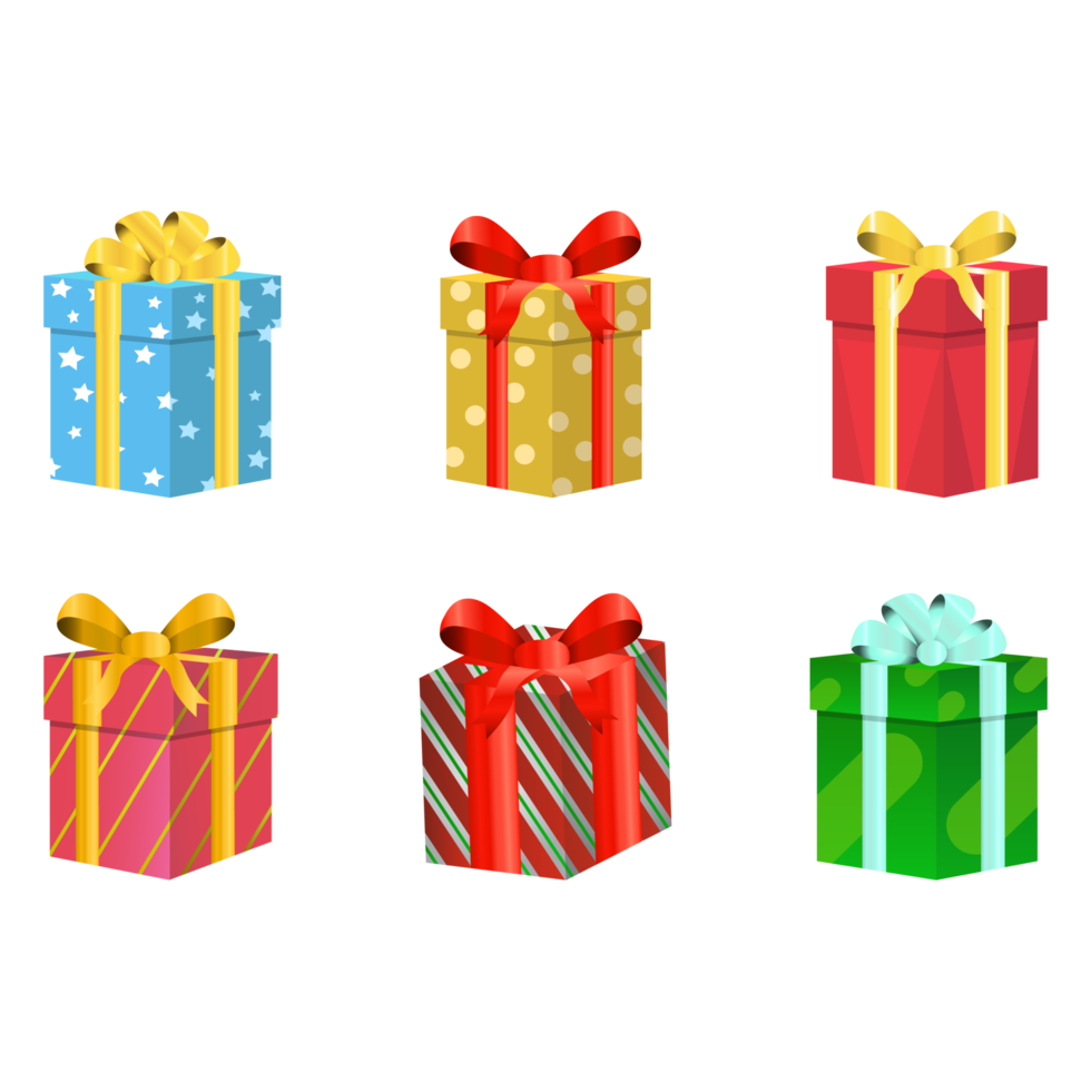 ensemble de noël de conception de vecteur de cadeaux sur fond blanc. conception de boîte-cadeau avec du papier d'emballage multicolore et aussi avec un ruban coloré. collection de cadeaux pour les anniversaires, les anniversaires ou les événements de Noël. png