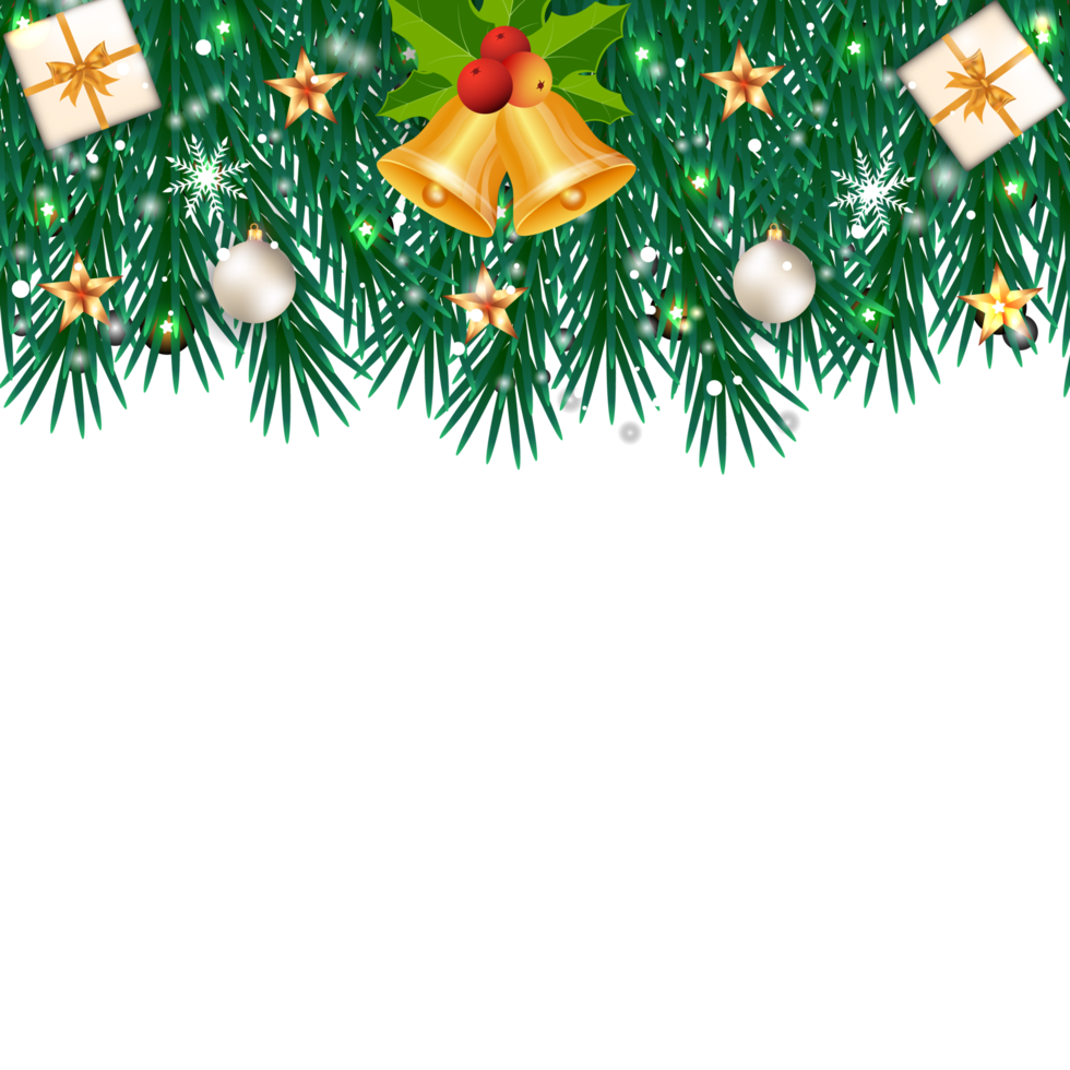 Weihnachts-Social-Media-Banner mit realistischen Kiefernblättern. Weihnachtsbanner mit bunten Kugeln, Schneeflocken. Frohe Weihnachten-Banner-Dekorationselemente mit Schneeflocken, Weihnachtskugeln und Typografie. png