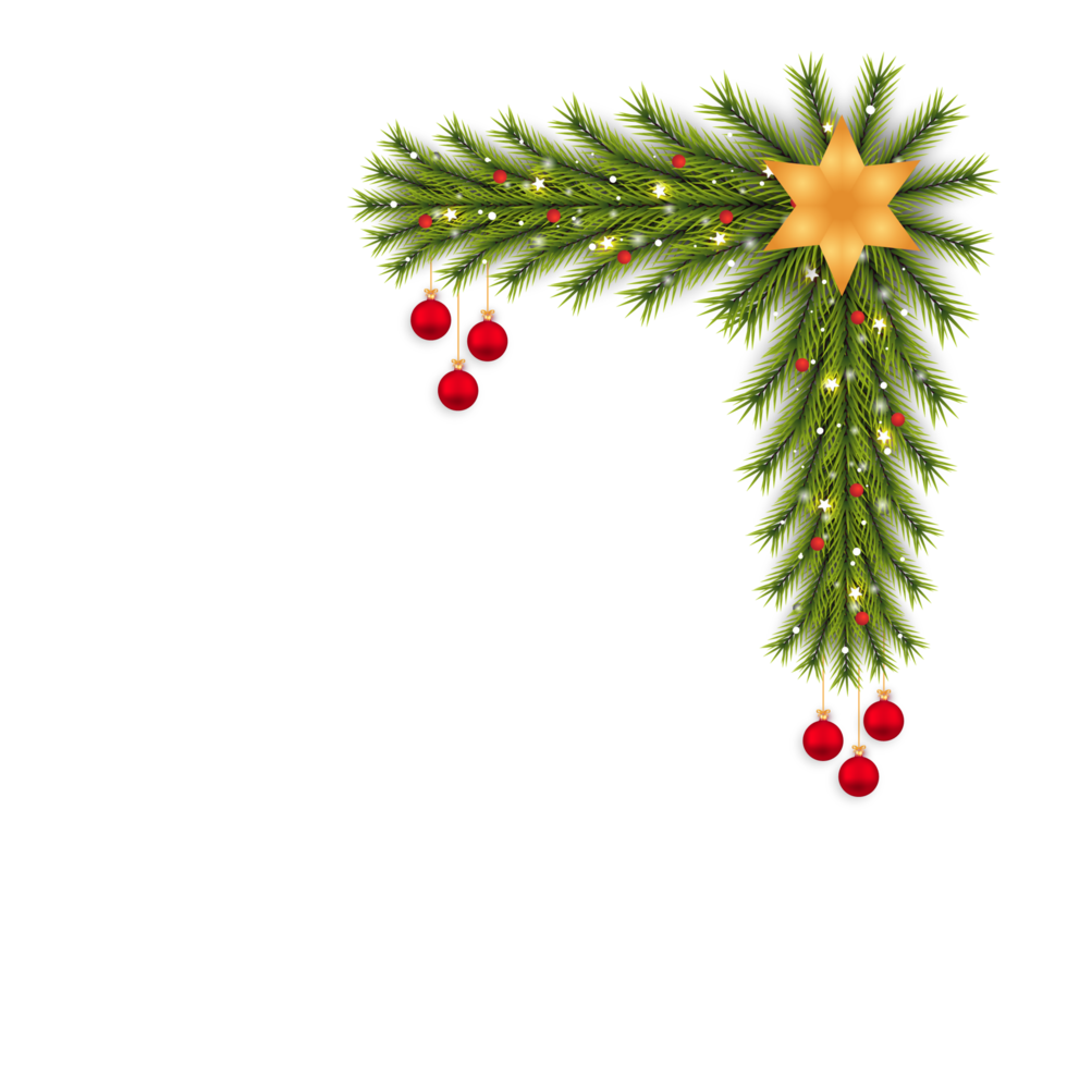 canto de natal com uma estrela dourada e uma bola de decoração. canto de Natal com bagas vermelhas e estrelas. canto de natal, bola de decoração de natal, bola vermelha, flocos de neve, estrela dourada, folhas de pinheiro, baga. png