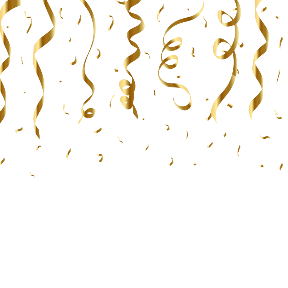 Confetti falling background vector. Realistic golden ribbon and confetti explosion illustration. Bright golden confetti isolated on black transparent background. Festival element. Birthday celebration png