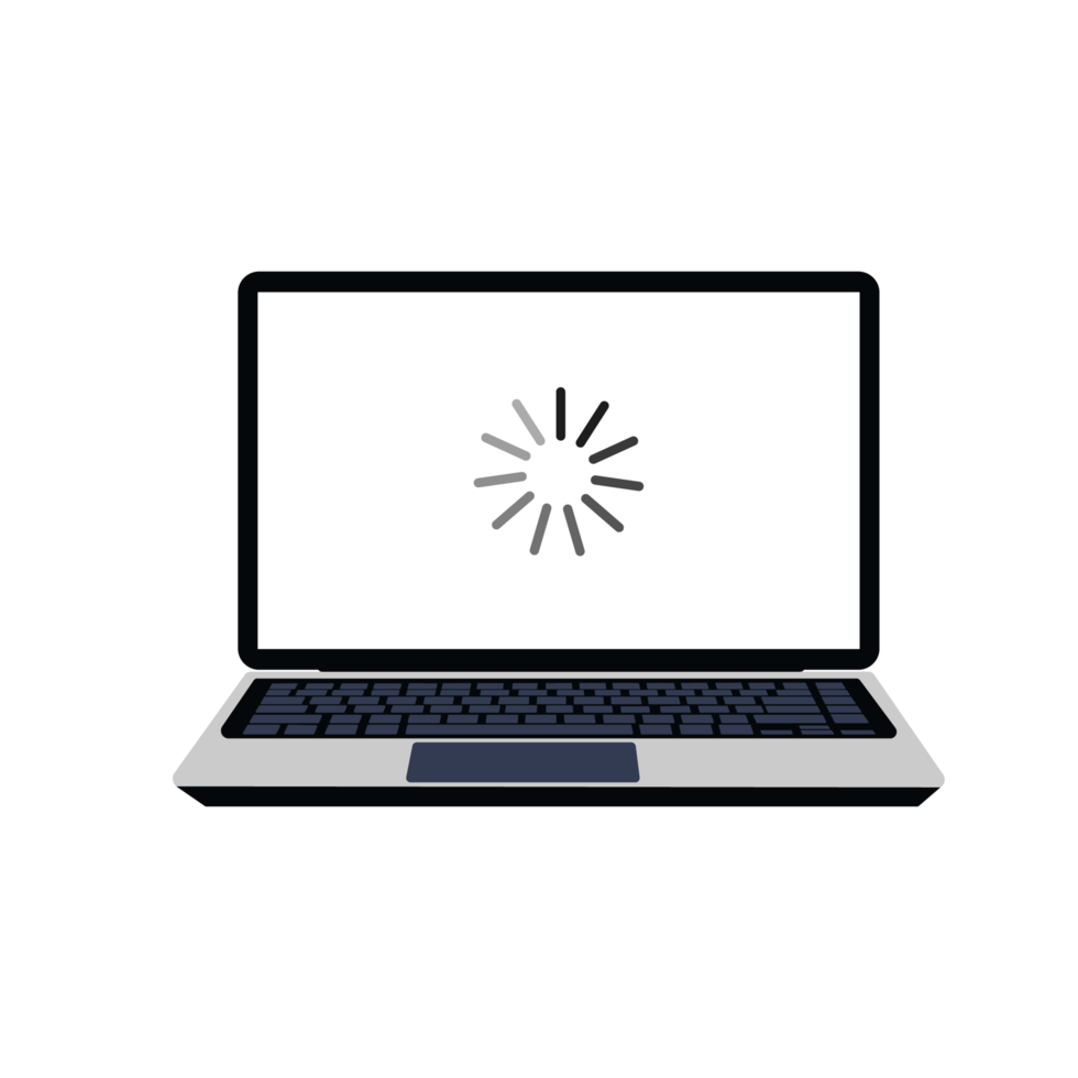 Laptop screen with a loading icon vector. Screen loading for software updates or videos. Lined updating icon spinning on a laptop screen. Computer application loading concept vector. png