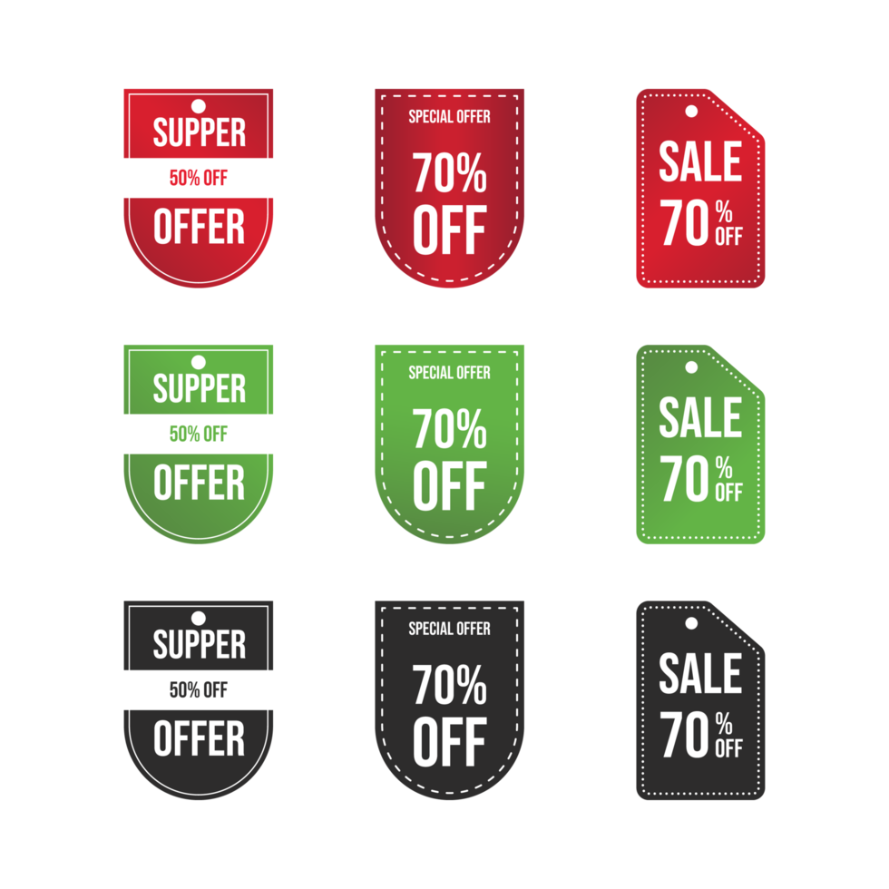 badge offre spéciale vert, noir et rouge. jusqu'à 70 % de remise sur la collection d'étiquettes. ensemble de badges super offre. jeu d'insignes de vente. vecteur de coupon super offre. insigne de bannière de vente. étiquettes de réduction d'offre spéciale. png