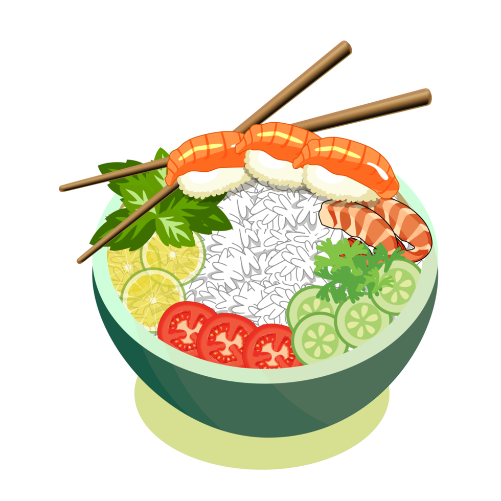pfannensalat mit sushi und garnelen in einer schüssel mit schieferhintergrund. Kopierbereich von oben. Garnelen und Gemüse serviert mit Salat. Essstäbchen mit asiatischem Lebensmittelvektor. png