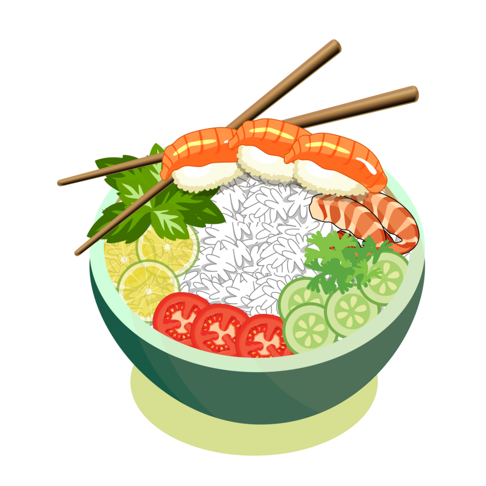 Salade sautée aux sushis et crevettes dans un bol avec un fond d'ardoise. espace de copie vue de dessus. crevettes et légumes servis avec salade. baguettes avec vecteur de cuisine asiatique. png