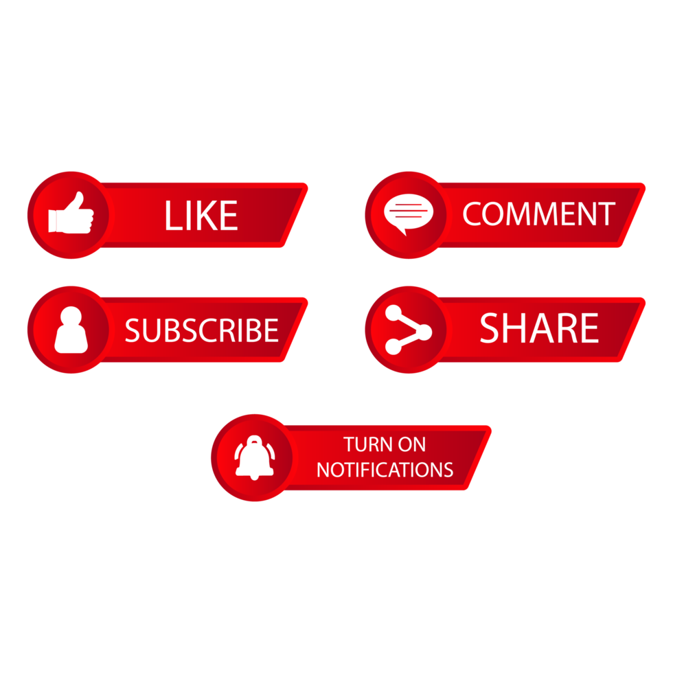 Social media red gradient button collection vector design. Red color subscriber button collection. Social media button elements with like, share, and comment sections. png