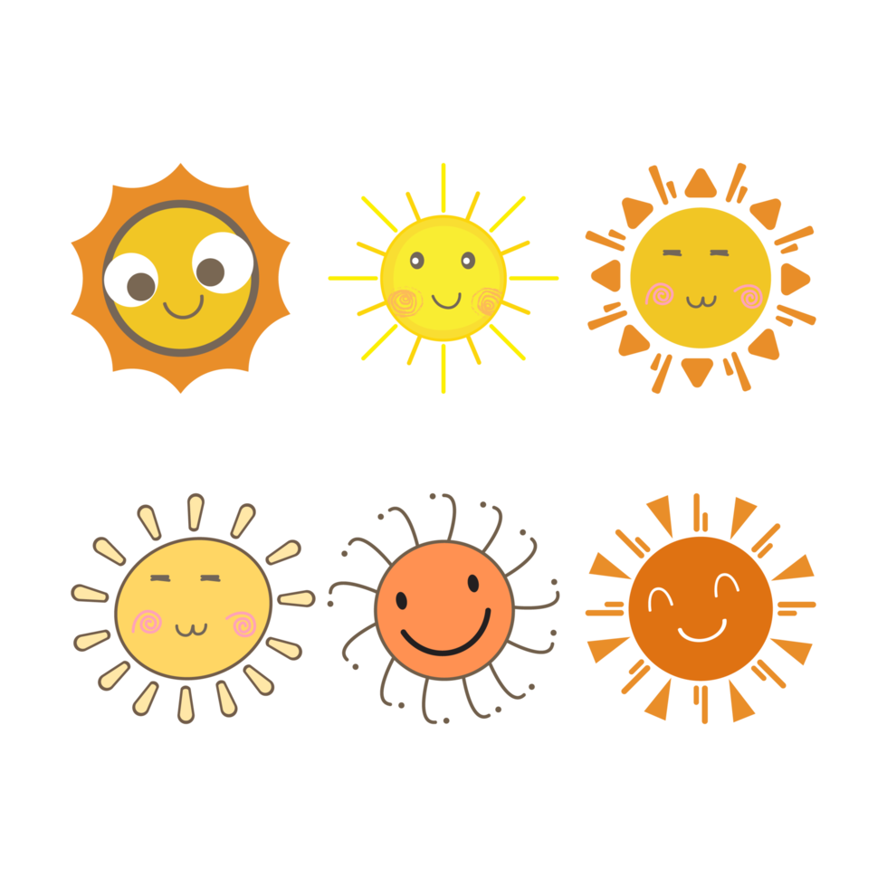 adesivo de sol com forma redonda e cor amarela e vermelha. sol bonito com rosto sorridente e olhos frios. raio de sol saindo do desenho vetorial do sol. 6 coleção de adesivos de mídia social de vetor de sol. png