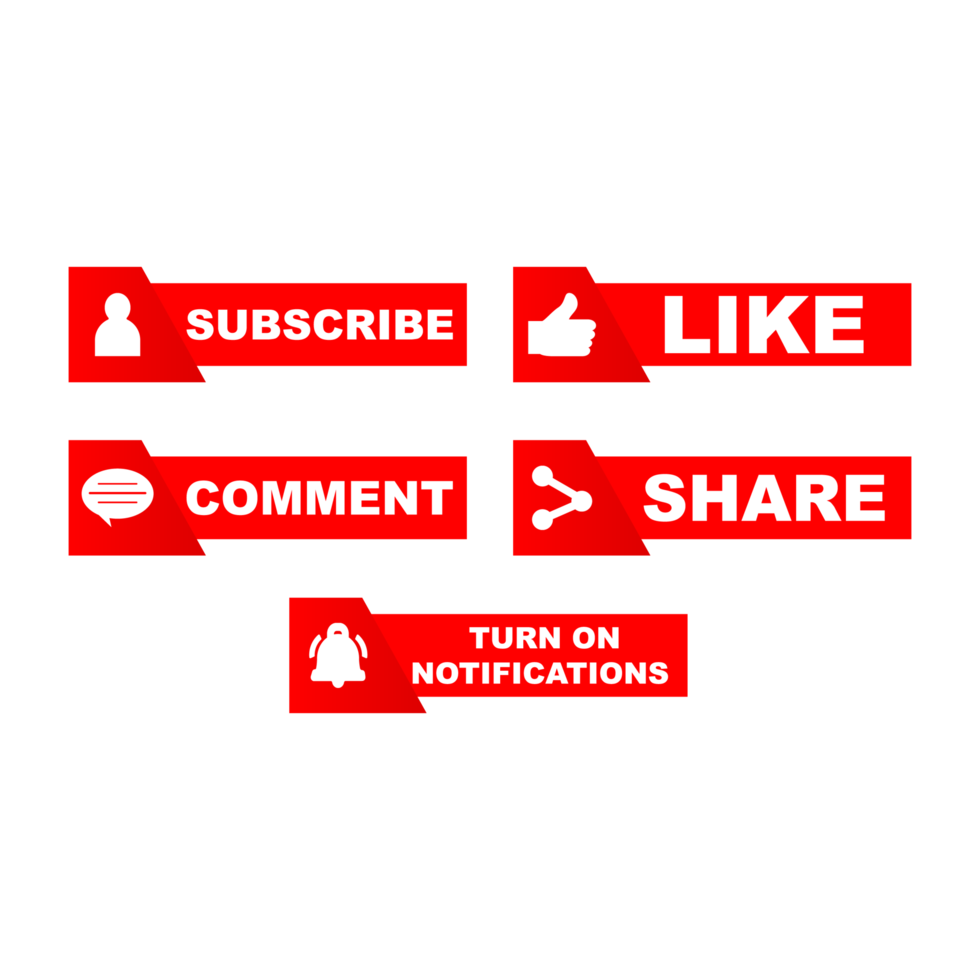 Subscribe button collection with multiple shapes. Red color button collection with like, comment and share icon. Red color technological social media button collection. png