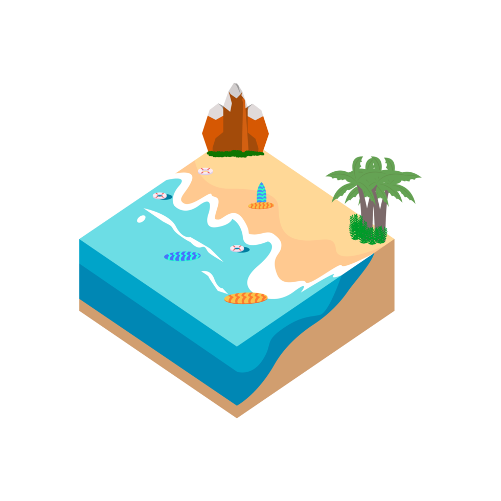 2.5D Sandy beach landscape concept vector illustration. Sandy beach vector with surfboard and hill concept and coconut tree. Seashore 3D art with lifebuoy. png