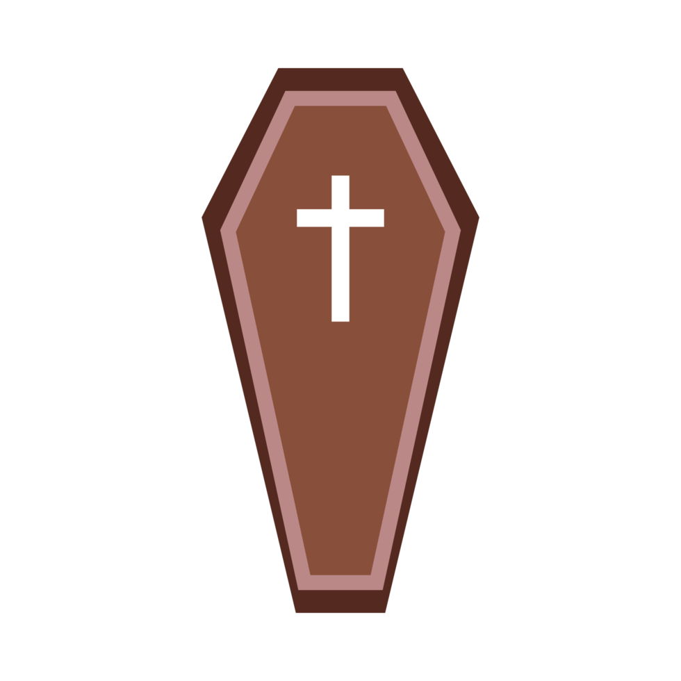 Halloween coffin vector design on a white background. Halloween coffin design with wood color shade and Christian cross. Coffin vector illustration for upcoming Halloween event. png